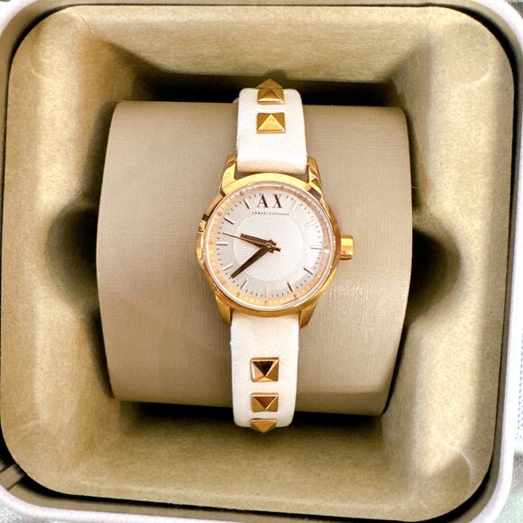 Armani Exchange AX6020 Rose Gold Studded White Leather Strap Watch main image 5